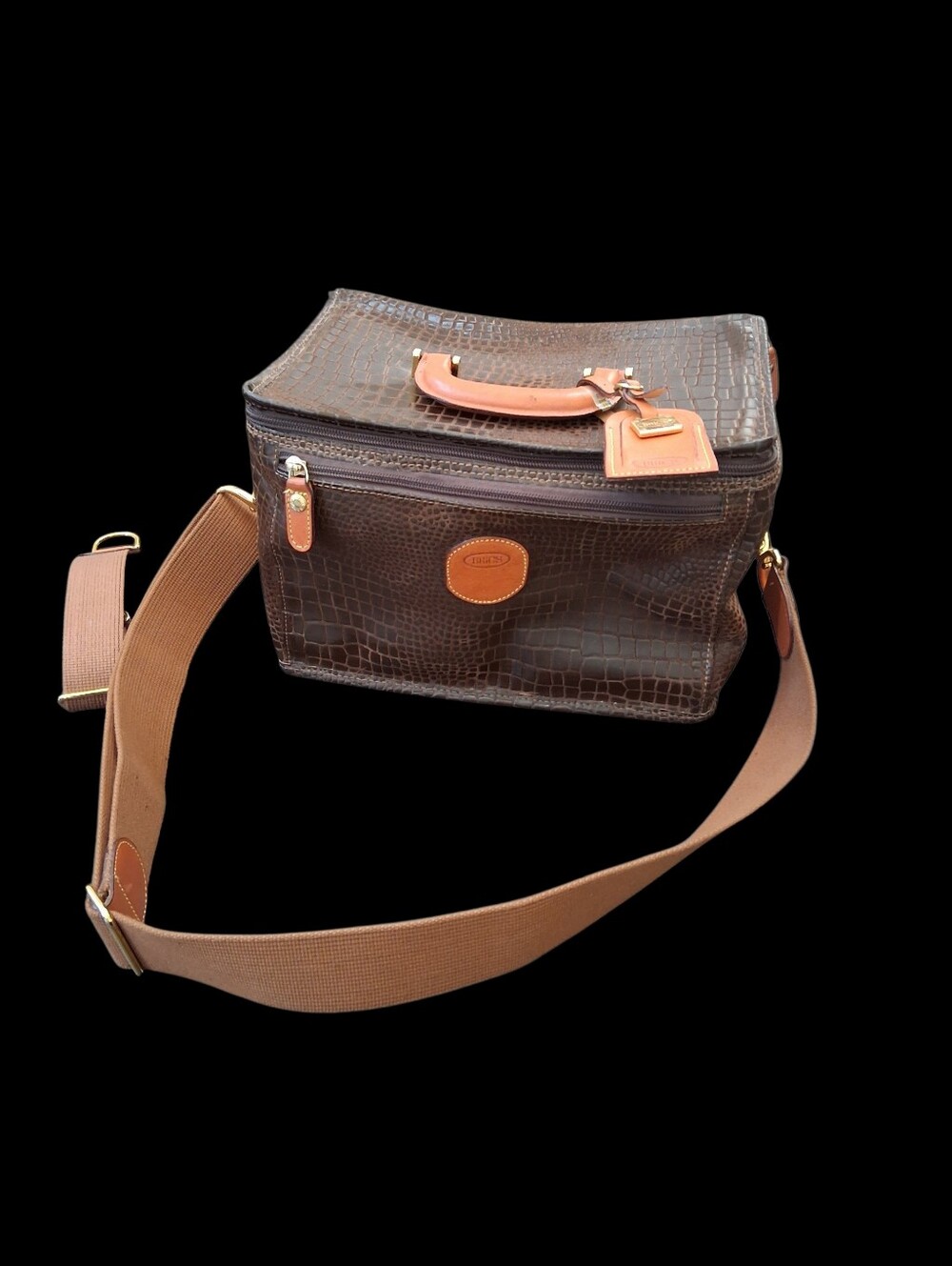 BRICS Brown Leather My Safari Croc Print Cosmetic Overnight Carry-On Train Case